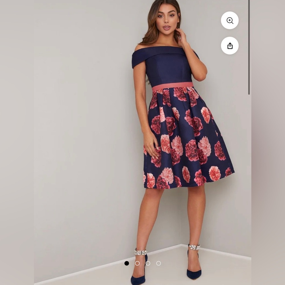Chi Chi London Floral Print Bardot Bodice Midi Dress in Blue ,size:uk 8 ,US 4